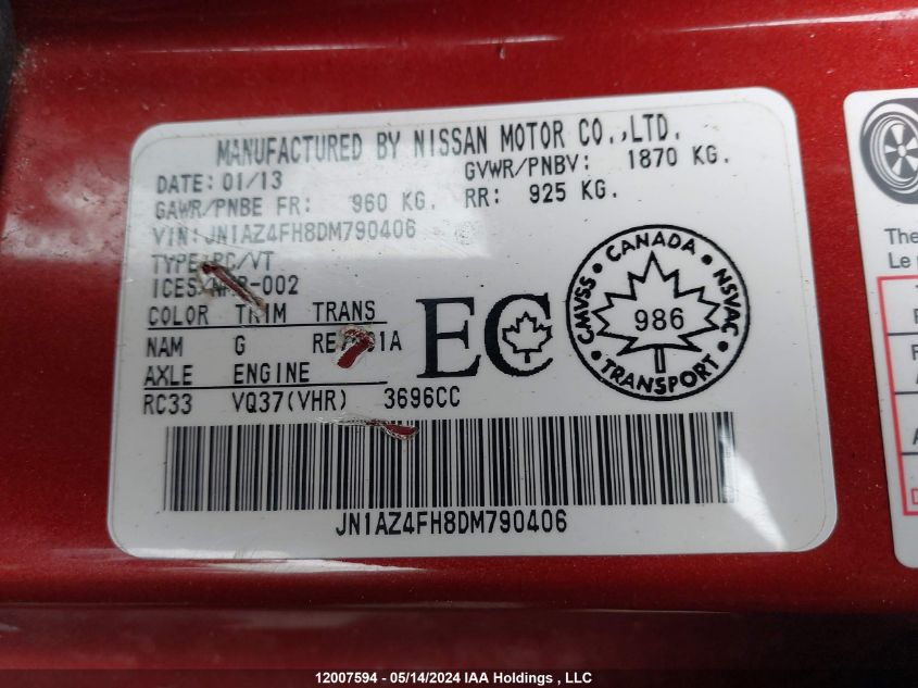 2013 Nissan 370Z VIN: JN1AZ4FH8DM790406 Lot: 12007594