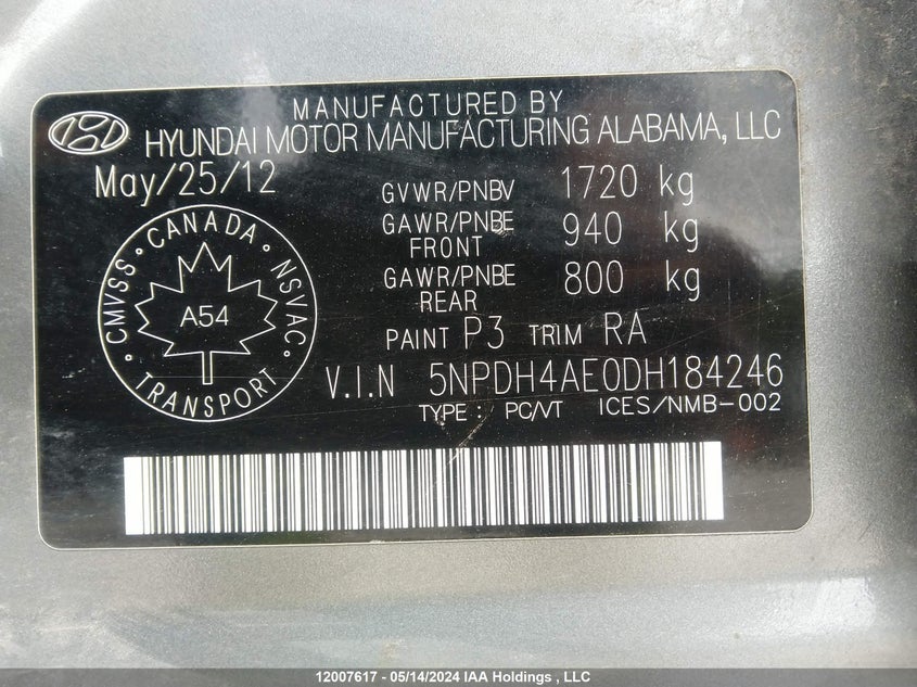 2013 Hyundai Elantra Gls/Limited VIN: 5NPDH4AE0DH184246 Lot: 12007617