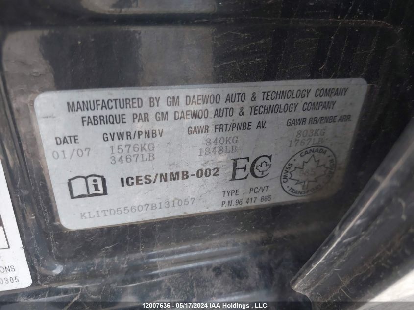 2007 Chevrolet Aveo VIN: KL1TD55607B131057 Lot: 12007636
