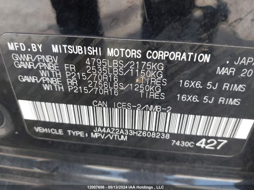 2017 Mitsubishi Outlander VIN: JA4AZ2A33HZ608238 Lot: 12007656