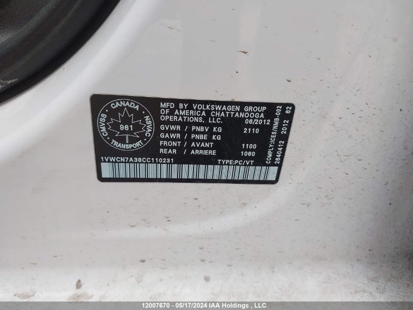 2012 Volkswagen Passat VIN: 1VWCN7A38CC110231 Lot: 12007670