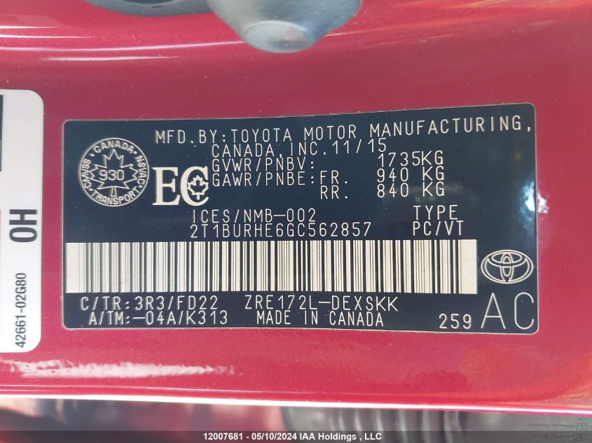 2016 Toyota Corolla Le VIN: 2T1BURHE6GC562857 Lot: 12007681