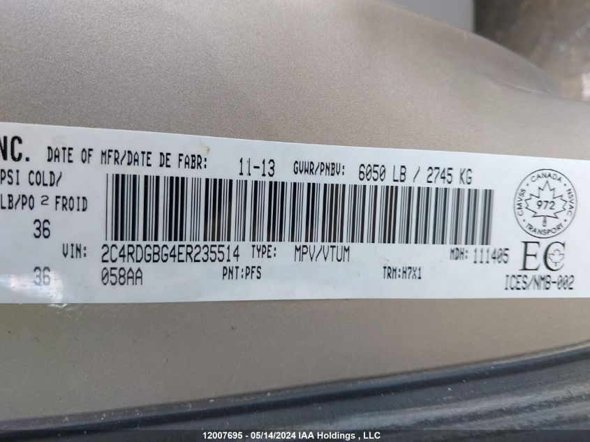 2014 Dodge Grand Caravan Se/Sxt VIN: 2C4RDGBG4ER235514 Lot: 12007695