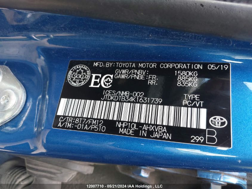 2019 Toyota Prius C VIN: JTDKDTB34K1631739 Lot: 12007710