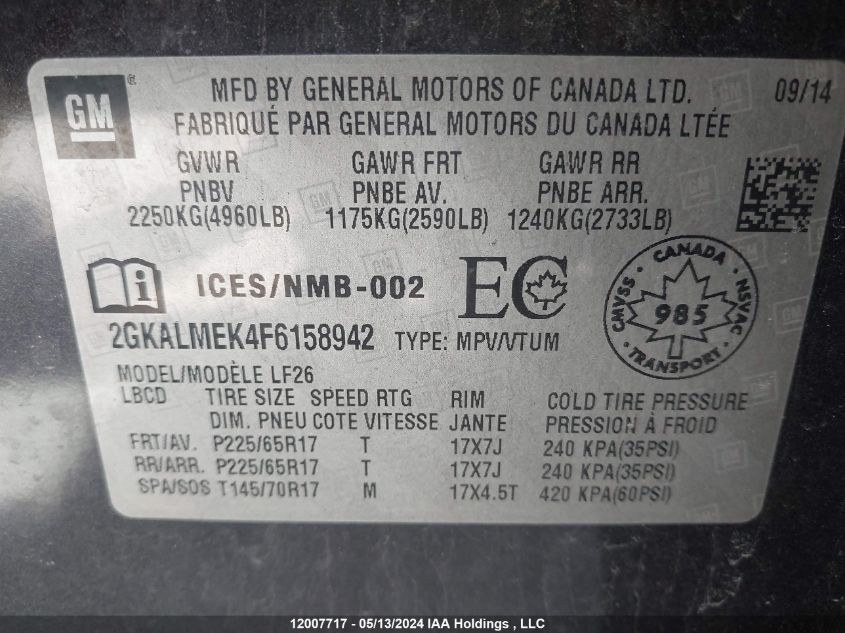 2015 GMC Terrain VIN: 2GKALMEK4F6158942 Lot: 12007717