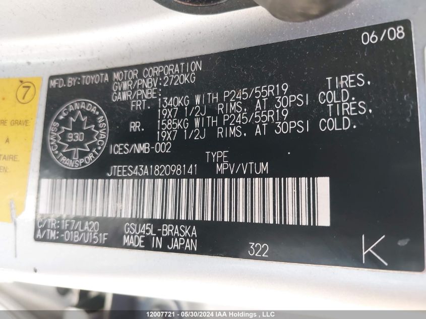 2008 Toyota Highlander Sport VIN: JTEES43A182098141 Lot: 12007721