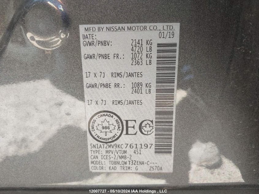 2019 Nissan Rogue VIN: 5N1AT2MV9KC761197 Lot: 12007727