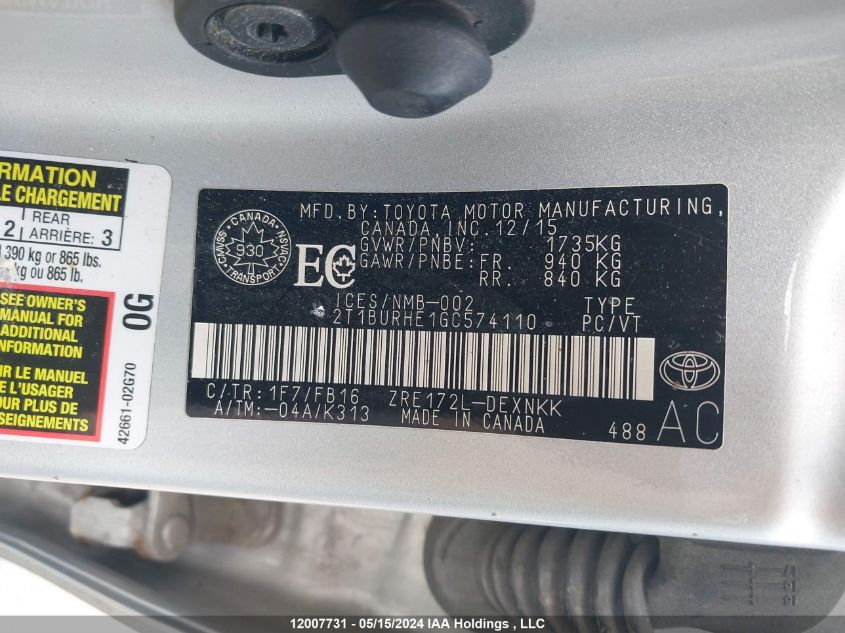 2016 Toyota Corolla VIN: 2T1BURHE1GC574110 Lot: 12007731