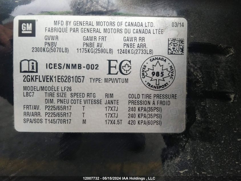 2014 GMC Terrain Sle VIN: 2GKFLVEK1E6281057 Lot: 12007732