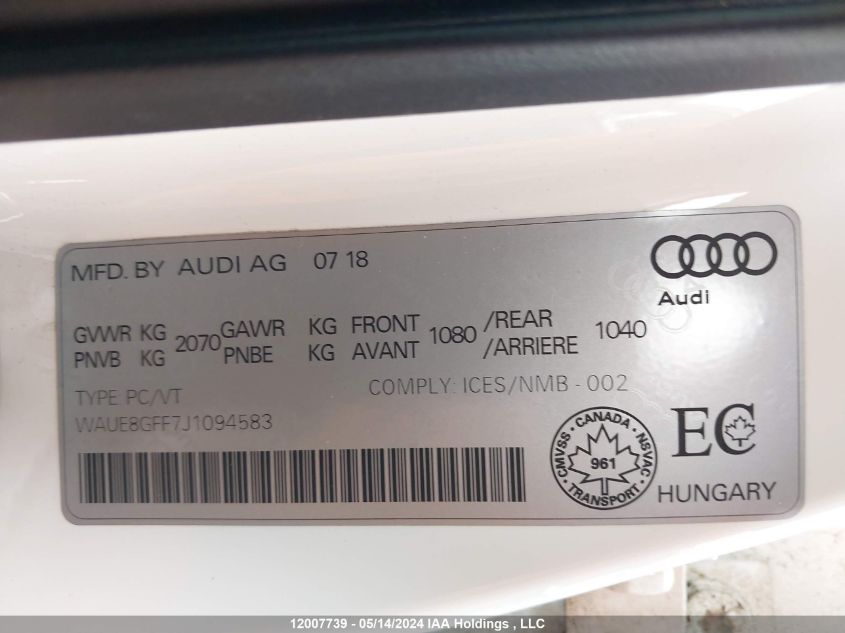 2018 Audi A3 VIN: WAUE8GFF7J1094583 Lot: 12007739