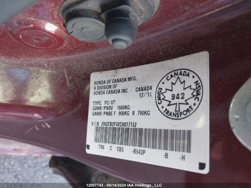 2012 Honda Civic Sdn VIN: 2HGFB2F42CH017152 Lot: 12007743