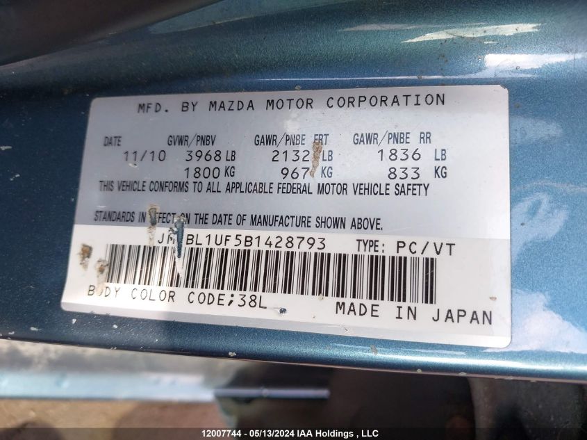 2011 Mazda 3 Mazda VIN: JM1BL1UF5B1428793 Lot: 12007744