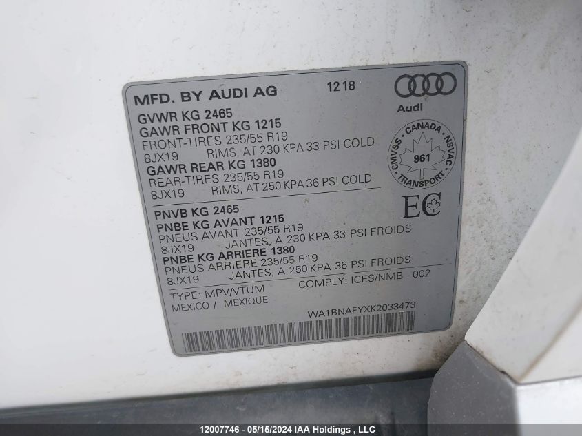 2019 Audi Q5 VIN: WA1BNAFYXK2033473 Lot: 12007746