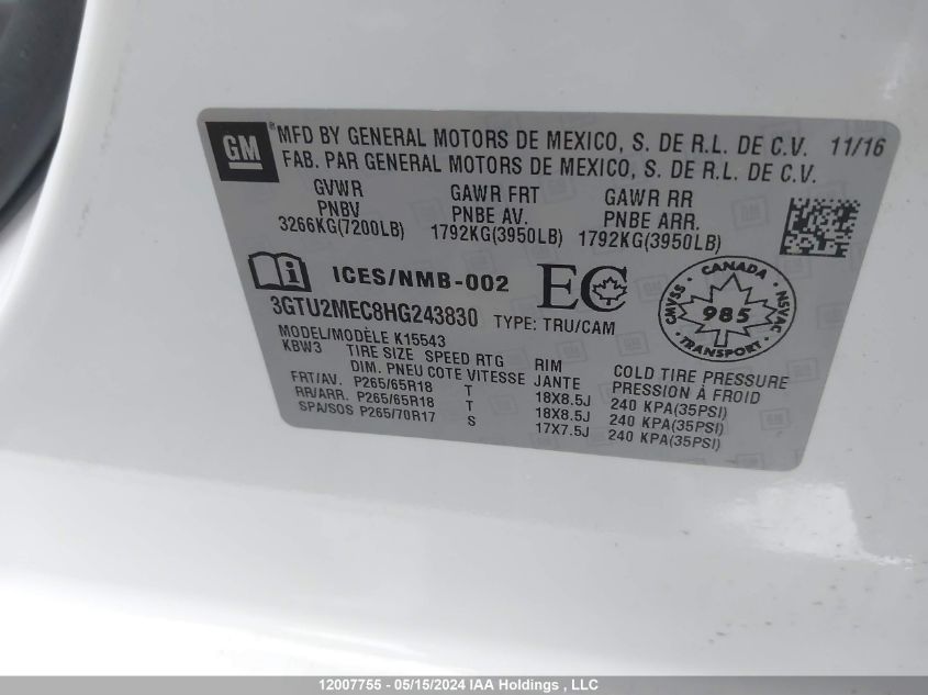 2017 GMC Sierra 1500 VIN: 3GTU2MEC8HG243830 Lot: 12007755