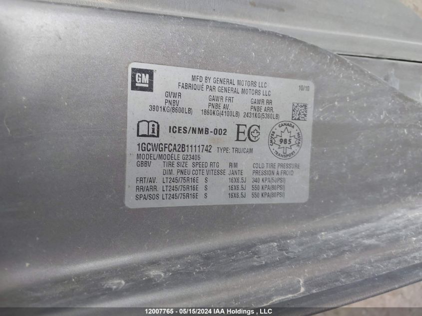 2011 Chevrolet Express VIN: 1GCWGFCA2B1111742 Lot: 12007765