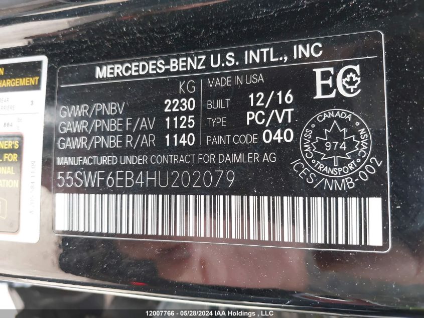 2017 Mercedes-Benz C-Class VIN: 55SWF6EB4HU202079 Lot: 12007766