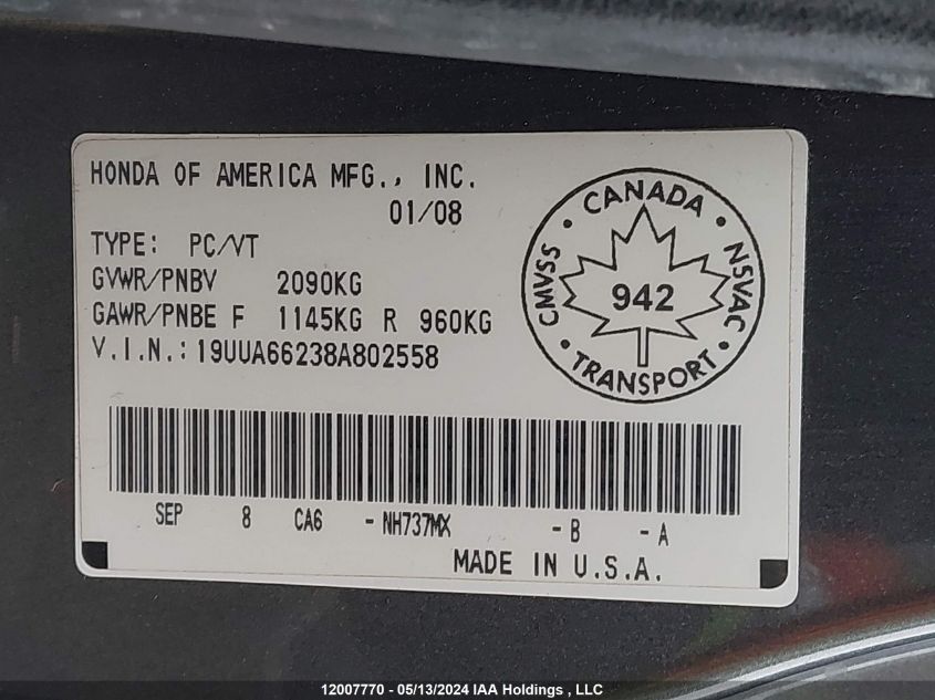 2008 Acura Tl VIN: 19UUA66238A802558 Lot: 12007770