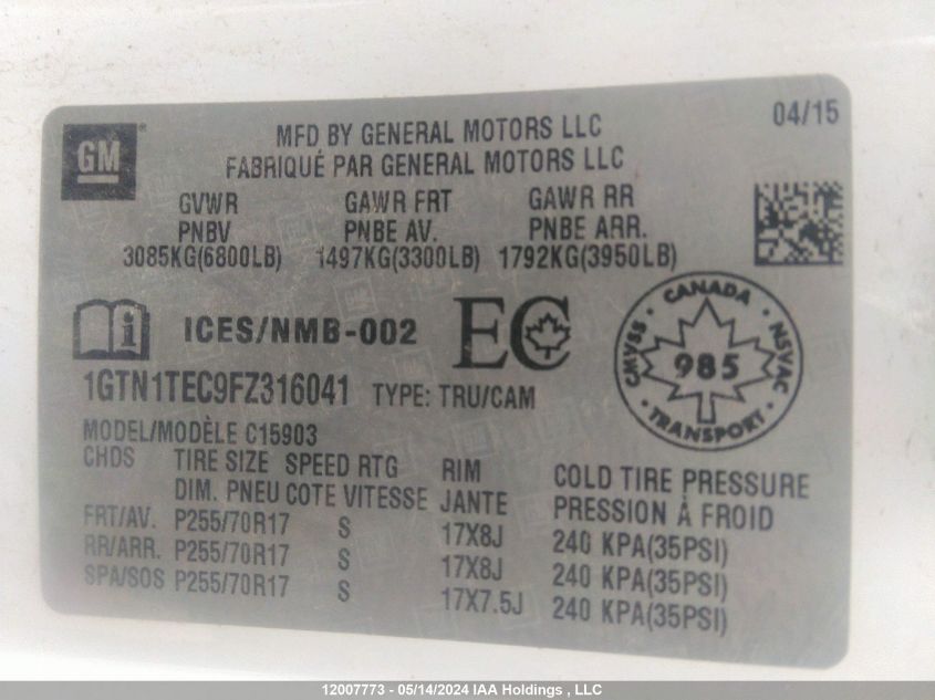 2015 GMC Sierra C1500 VIN: 1GTN1TEC9FZ316041 Lot: 12007773