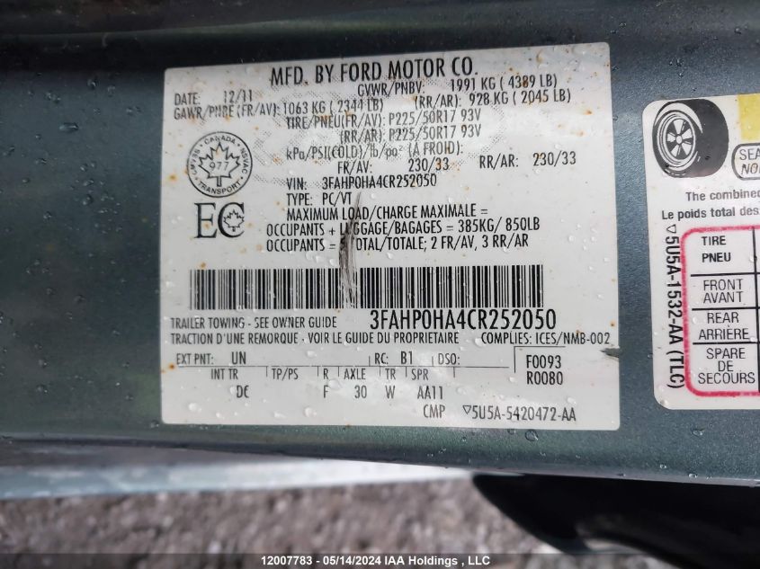 2012 Ford Fusion Se VIN: 3FAHP0HA4CR252050 Lot: 12007783