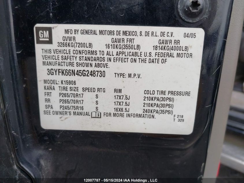 2005 Cadillac Escalade Esv Standard VIN: 3GYFK66N45G248730 Lot: 12007787