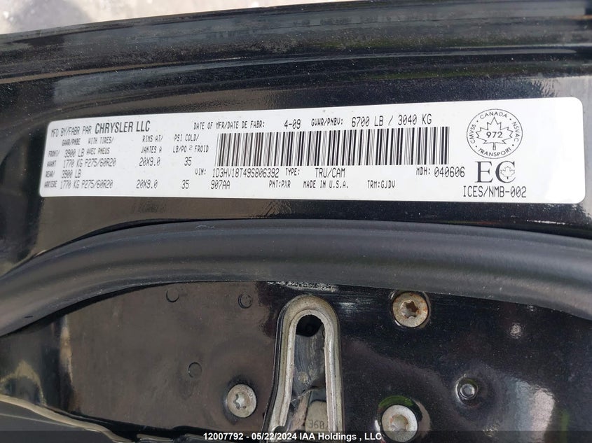 2009 Dodge Ram 1500 Laramie VIN: 1D3HV18T49S806392 Lot: 12007792