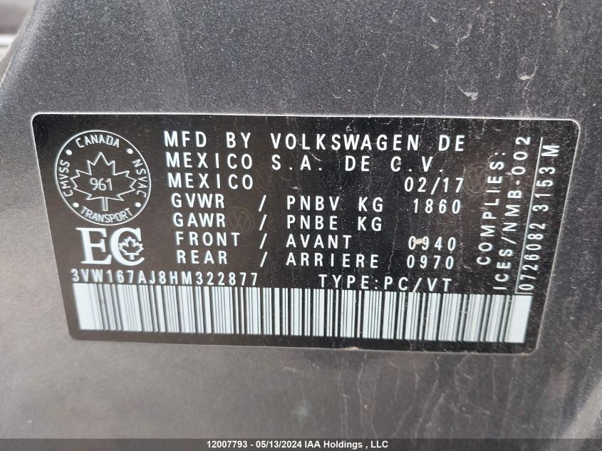 2017 Volkswagen Jetta Sedan VIN: 3VW167AJ8HM322877 Lot: 12007793