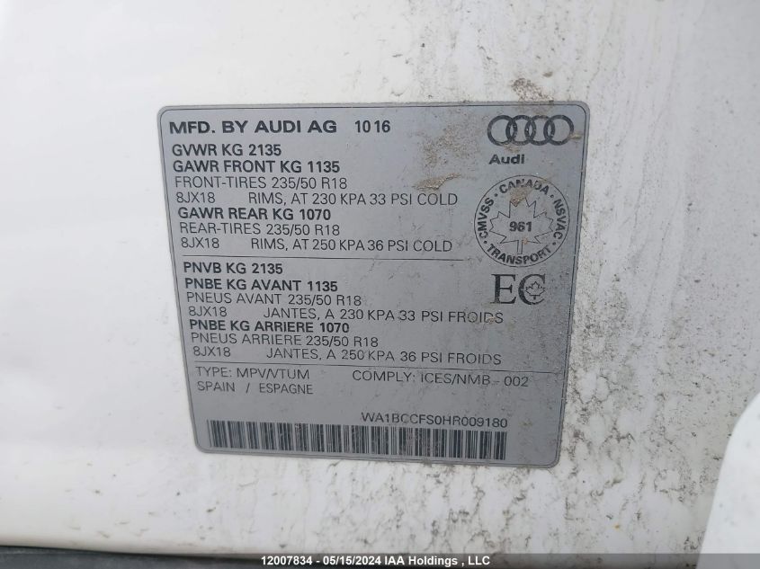 2017 Audi Q3 VIN: WA1BCCFS0HR009180 Lot: 12007834