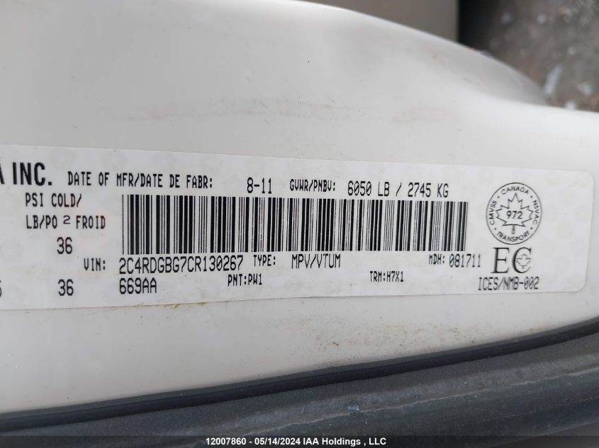 2012 Dodge Grand Caravan Se VIN: 2C4RDGBG7CR130267 Lot: 12007860