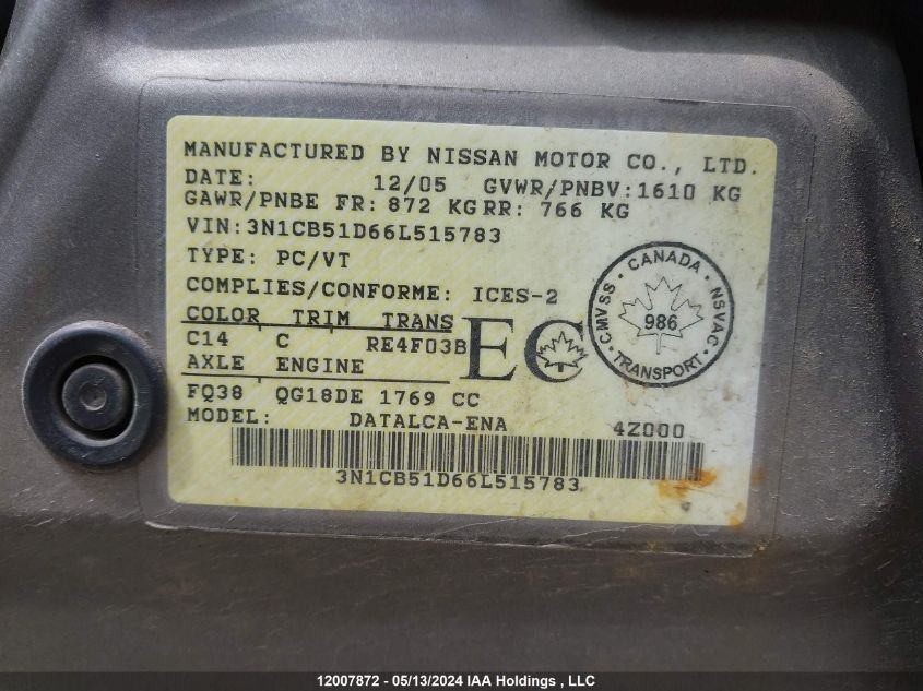 2006 Nissan Sentra 1.8/1.8S VIN: 3N1CB51D66L515783 Lot: 12007872