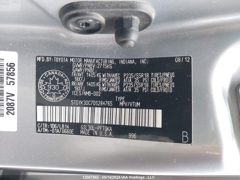 2013 Toyota Sienna VIN: 5TDYK3DC7DS284765 Lot: 12007882