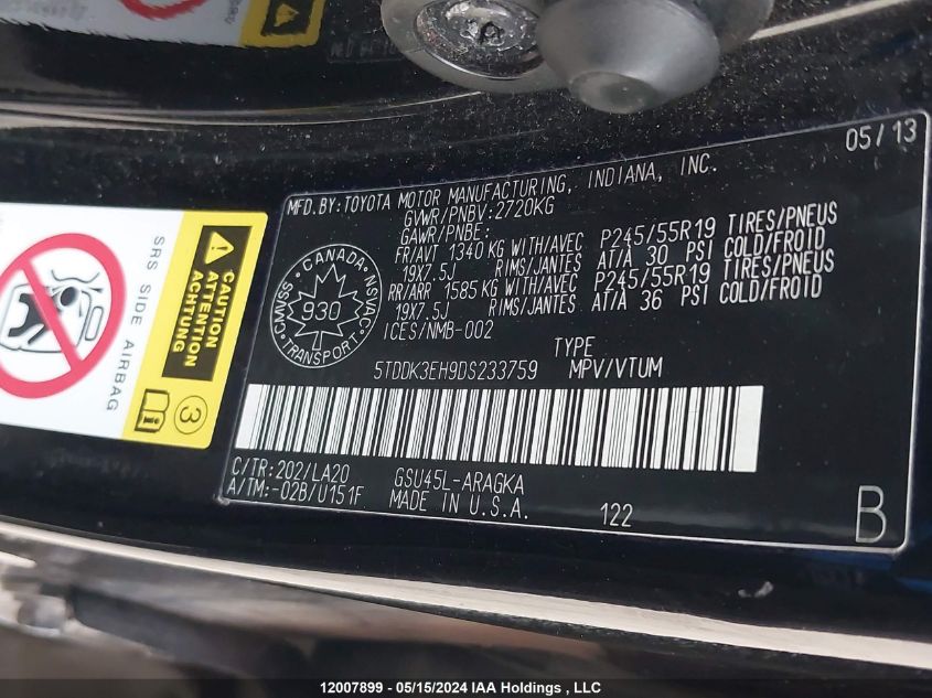 2013 Toyota Highlander VIN: 5TDDK3EH9DS233759 Lot: 12007899