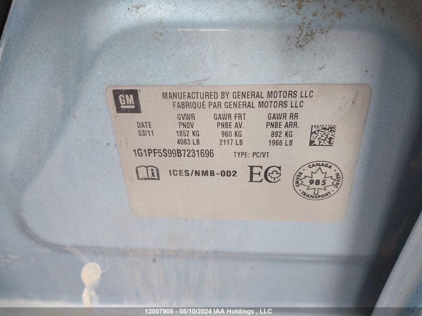 2011 Chevrolet Cruze VIN: 1G1PF5S99B7231696 Lot: 12007905