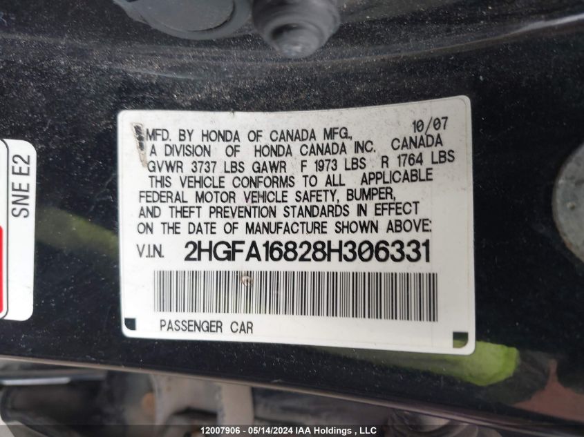 2008 Honda Civic Ex VIN: 2HGFA16828H306331 Lot: 12007906