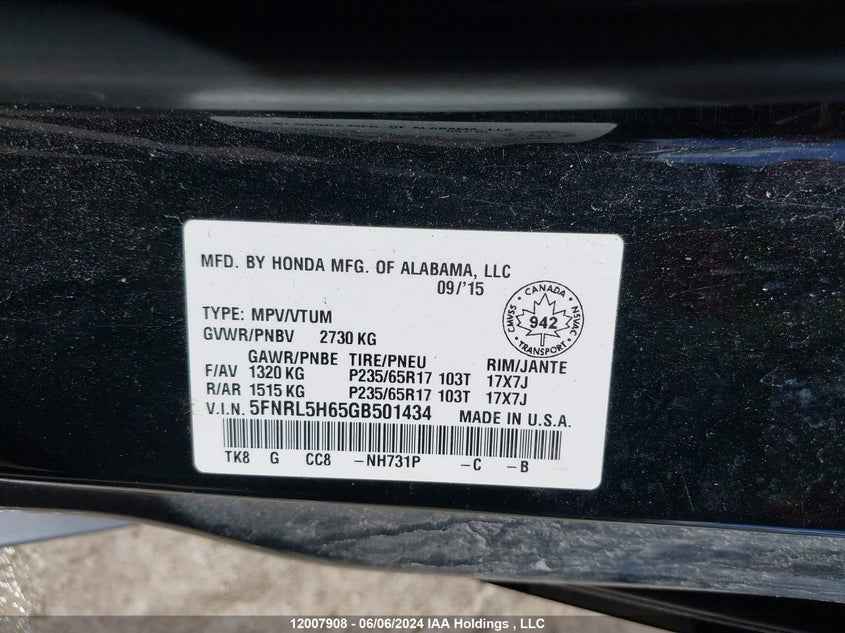 2016 Honda Odyssey VIN: 5FNRL5H65GB501434 Lot: 12007908