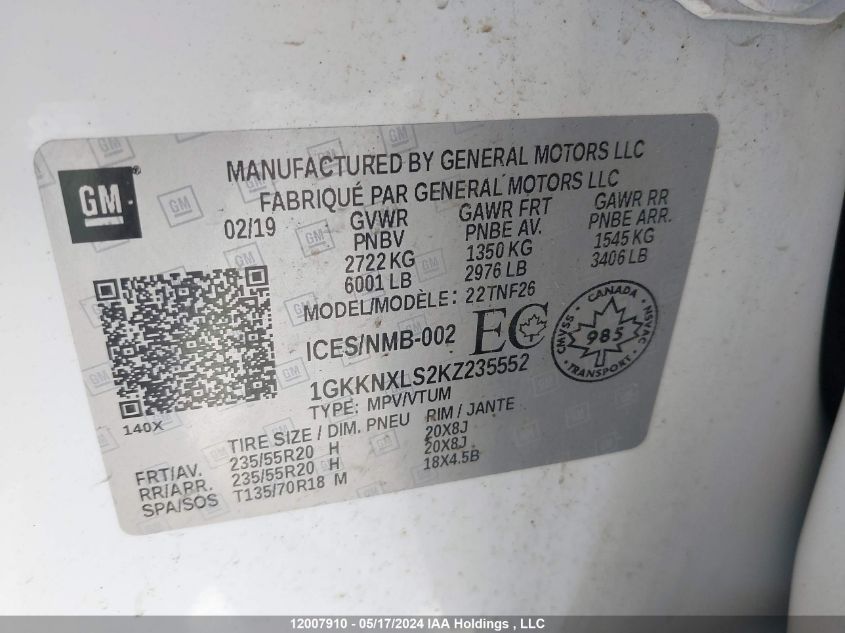 2019 GMC Acadia VIN: 1GKKNXLS2KZ235552 Lot: 12007910