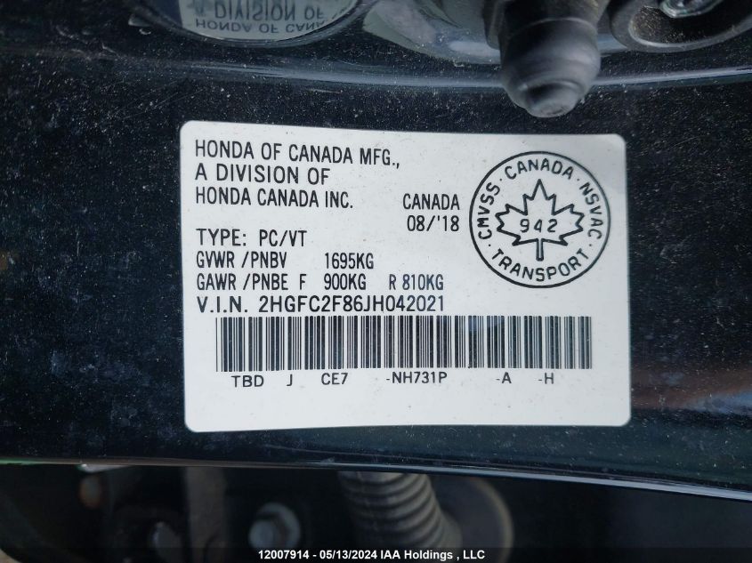 2018 Honda Civic Ex 4Dr VIN: 2HGFC2F86JH042021 Lot: 12007914