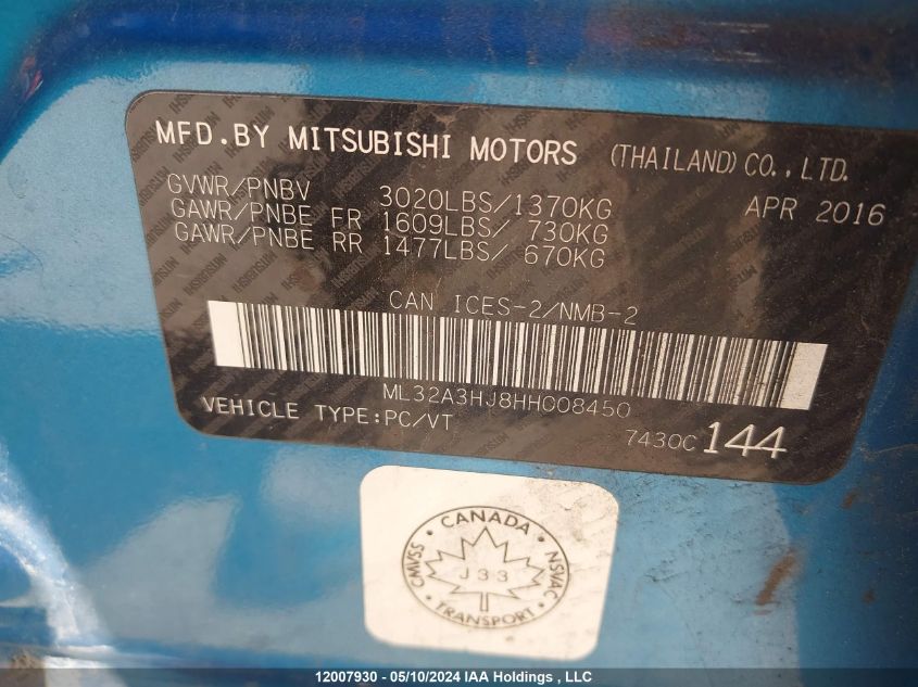2017 Mitsubishi Mirage VIN: ML32A3HJ8HH008450 Lot: 12007930