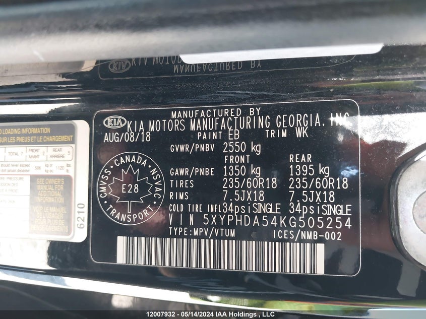 2019 Kia Sorento VIN: 5XYPHDA54KG505254 Lot: 12007932