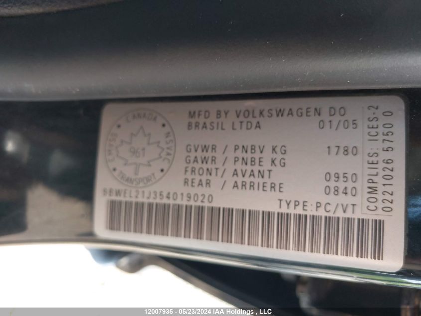 2005 Volkswagen Golf VIN: 9BWEL21J354019020 Lot: 12007935