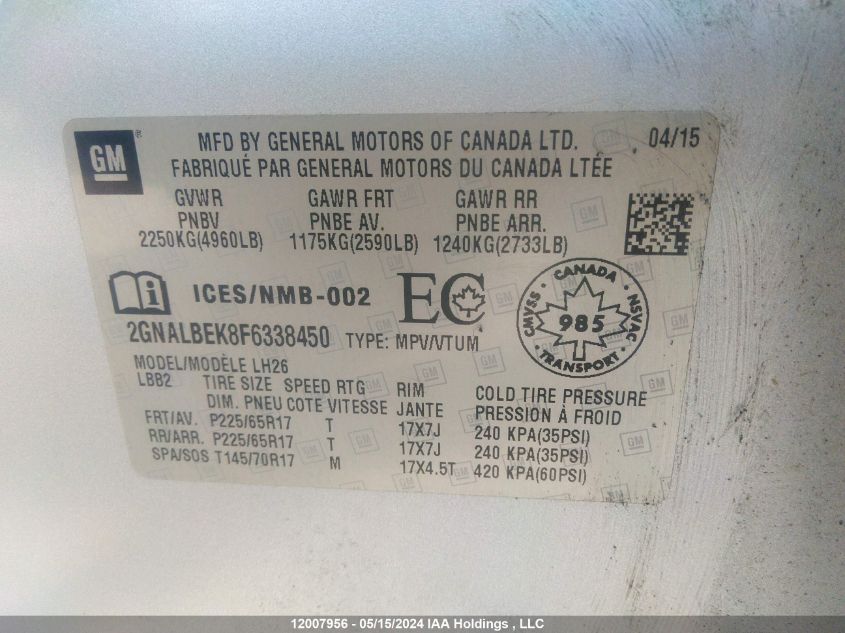 2015 Chevrolet Equinox VIN: 2GNALBEK8F6338450 Lot: 12007956