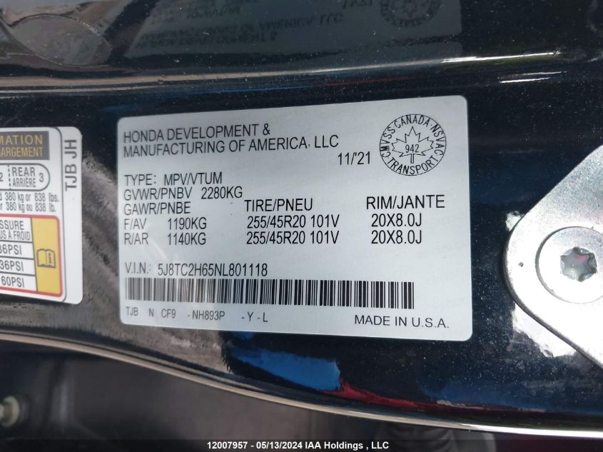 2022 Acura Rdx VIN: 5J8TC2H65NL801118 Lot: 12007957