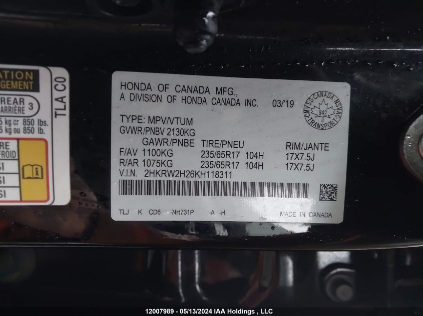 2019 Honda Cr-V VIN: 2HKRW2H26KH118311 Lot: 12007989