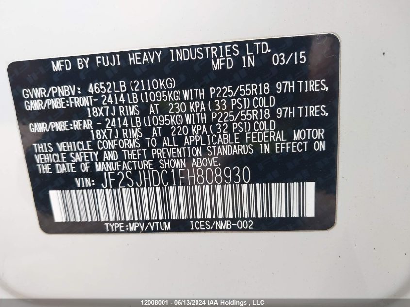 2015 Subaru Forester 2.0Xt Premium VIN: JF2SJHDC1FH808930 Lot: 12008001