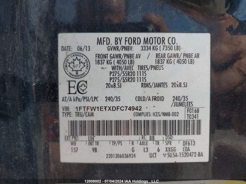 2013 Ford F-150 Platinum VIN: 1FTFW1ETXDFC74942 Lot: 12008002