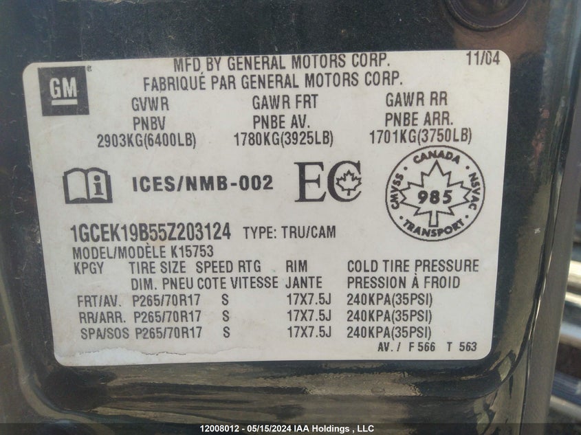 2005 Chevrolet Silverado 1500 VIN: 1GCEK19B55Z203124 Lot: 12008012
