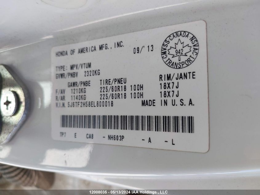2014 Honda Crosstour VIN: 5J6TF2H58EL800018 Lot: 12008035