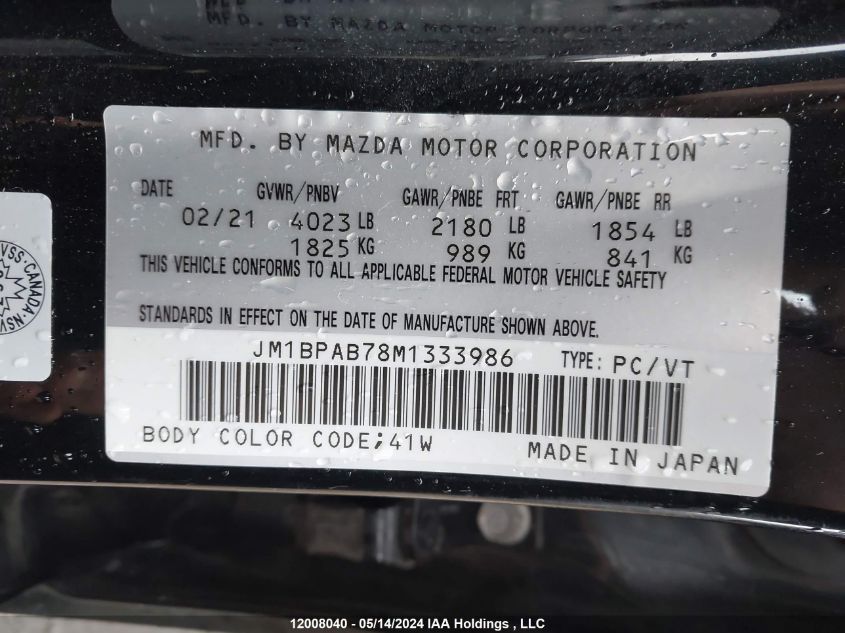 2021 Mazda Mazda3 VIN: JM1BPAB78M1333986 Lot: 12008040