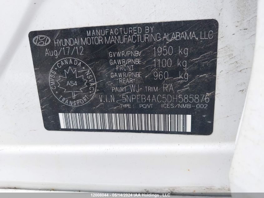 2013 Hyundai Sonata Gl VIN: 5NPEB4AC5DH585876 Lot: 12008044