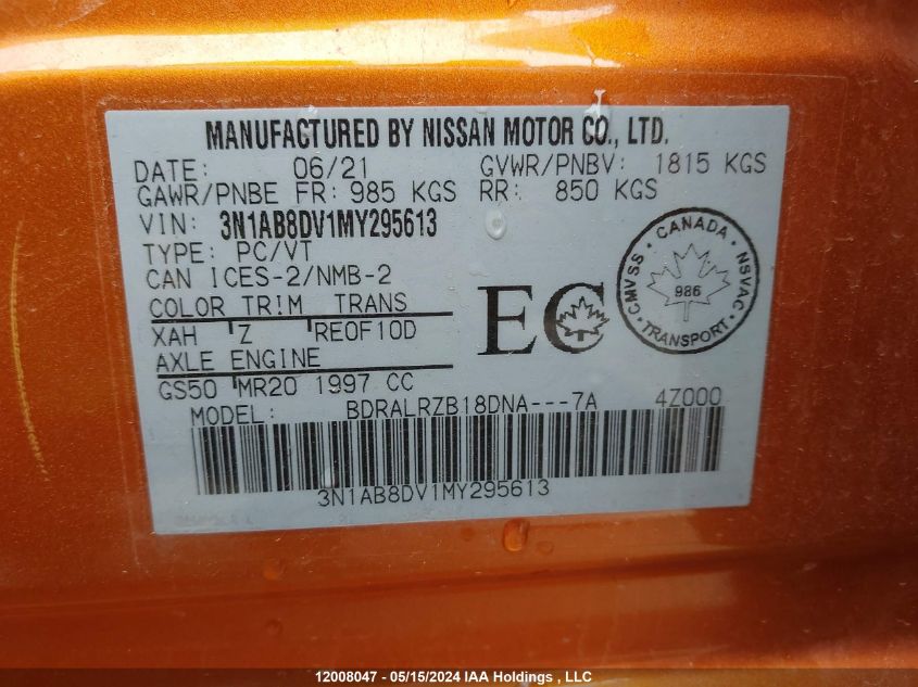 2021 Nissan Sentra Sr VIN: 3N1AB8DV1MY295613 Lot: 12008047