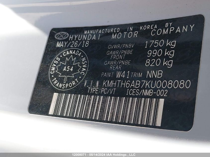 2019 Hyundai Veloster Turbo/Turbo R-Spec/Turbo VIN: KMHTK6AB7KU008080 Lot: 12008071